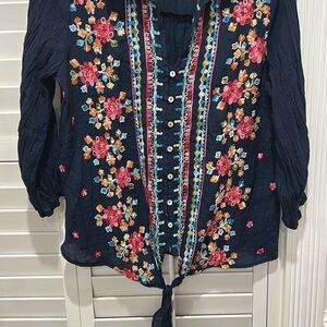 Fig and Flower Navy Floral Embroidered Blouse